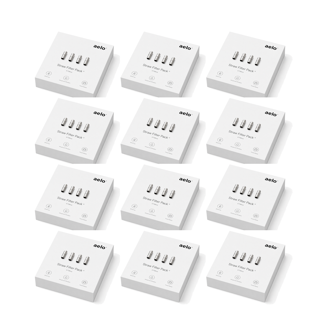 Twelve Aelo one-month supply boxes grouped as four 3-month packs for one annual shipment